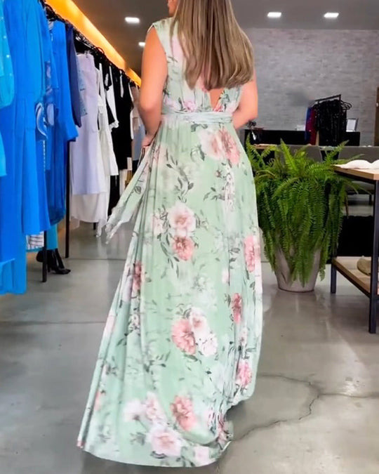 Bauluvio - Florales ärmelloses Kleid mit V-Ausschnitt