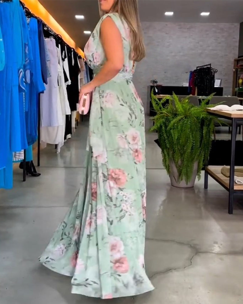 Bauluvio - Florales ärmelloses Kleid mit V-Ausschnitt