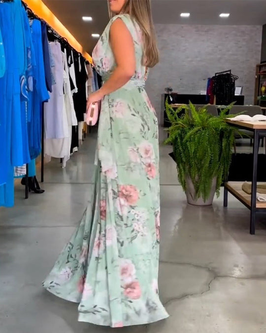 Bauluvio - Florales ärmelloses Kleid mit V-Ausschnitt