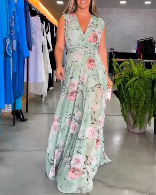 Bauluvio - Florales ärmelloses Kleid mit V-Ausschnitt