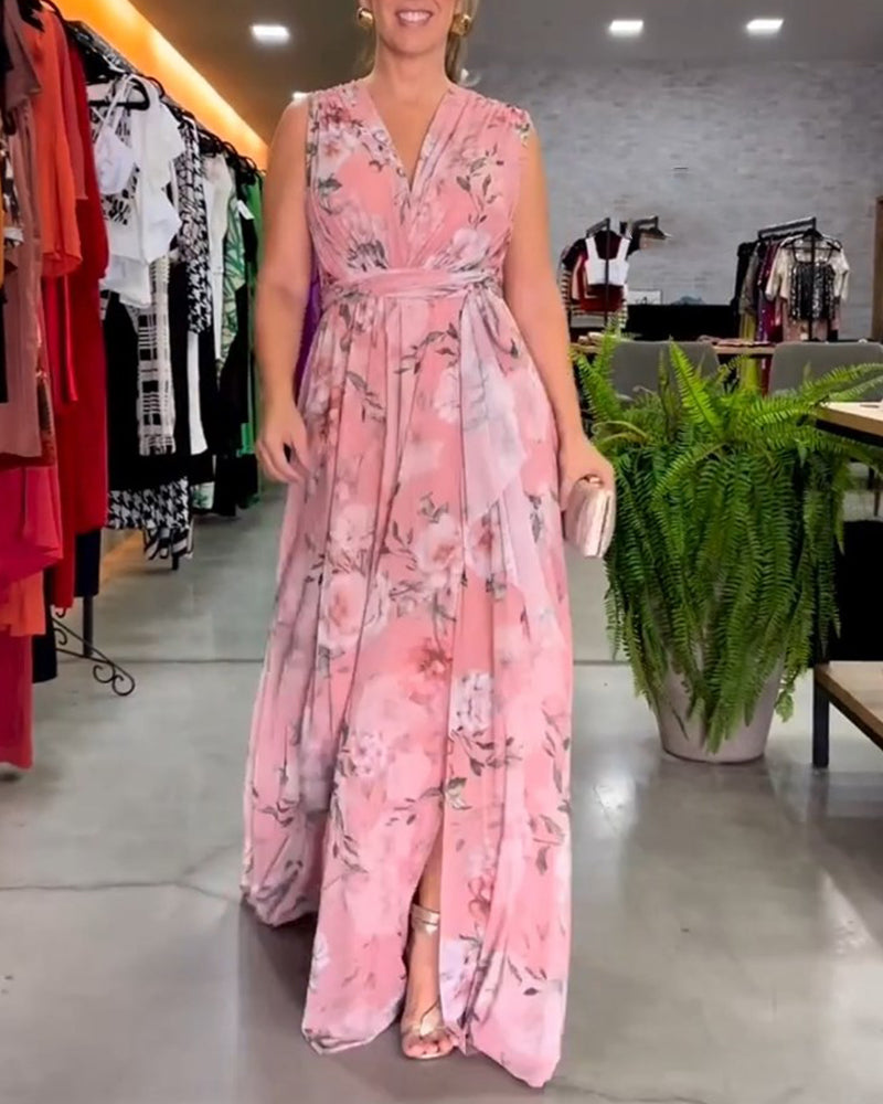 Bauluvio - Florales ärmelloses Kleid mit V-Ausschnitt