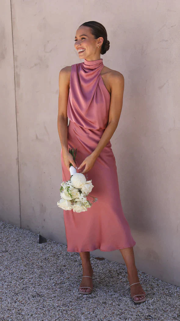 Bauluvio - Ärmelloses Damen-Satin-Kleid mit Neckholder