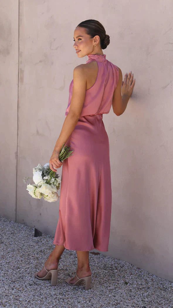 Bauluvio - Ärmelloses Damen-Satin-Kleid mit Neckholder