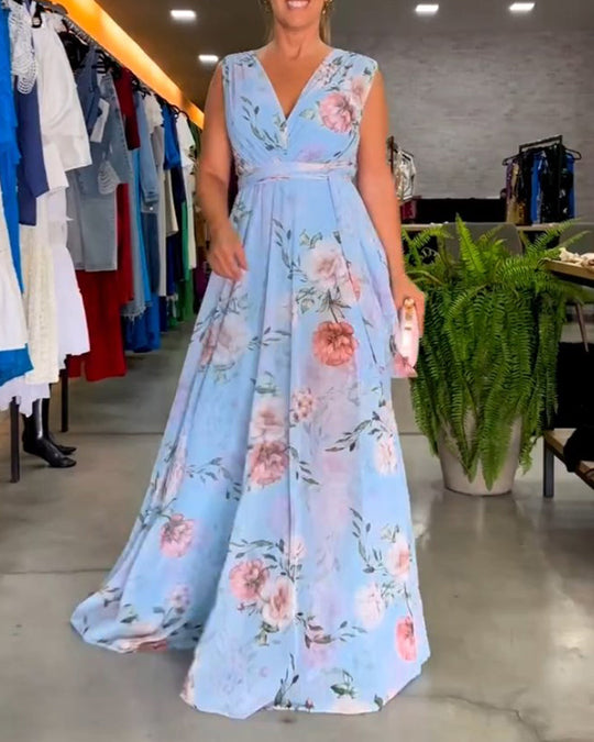 Bauluvio - Florales ärmelloses Kleid mit V-Ausschnitt