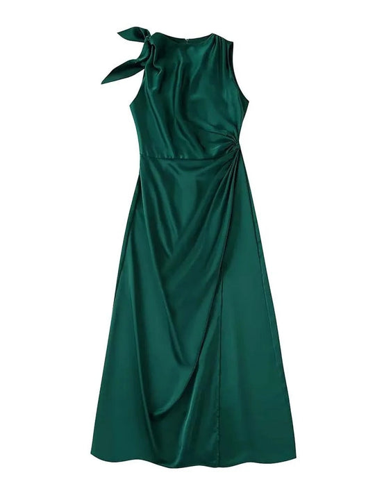 Bauluvio - Grünes Satin-Rüschen-Kleid für Frauen