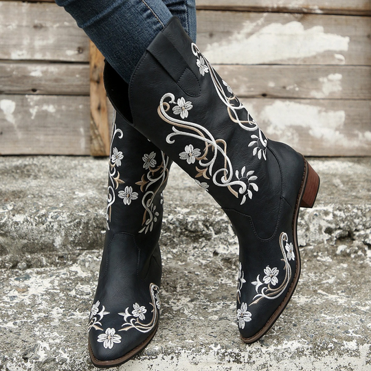 Floral bestickte Damenstiefel aus Leder