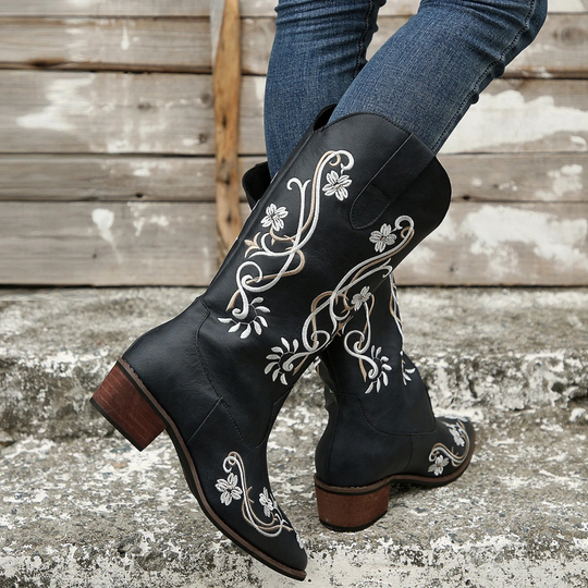 Floral bestickte Damenstiefel aus Leder