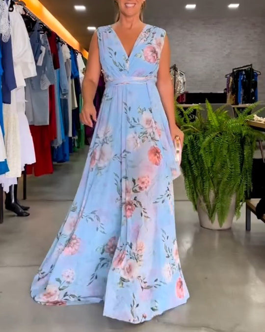 Bauluvio - Florales ärmelloses Kleid mit V-Ausschnitt