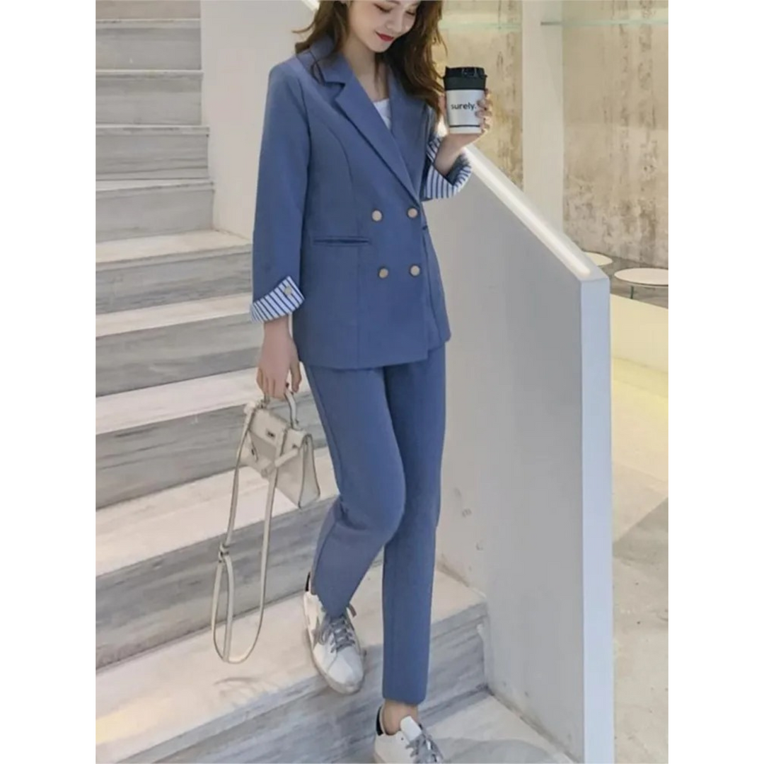 Bauluvio - Rosa Blau Schwarz Blazer und Hose im Bürostil