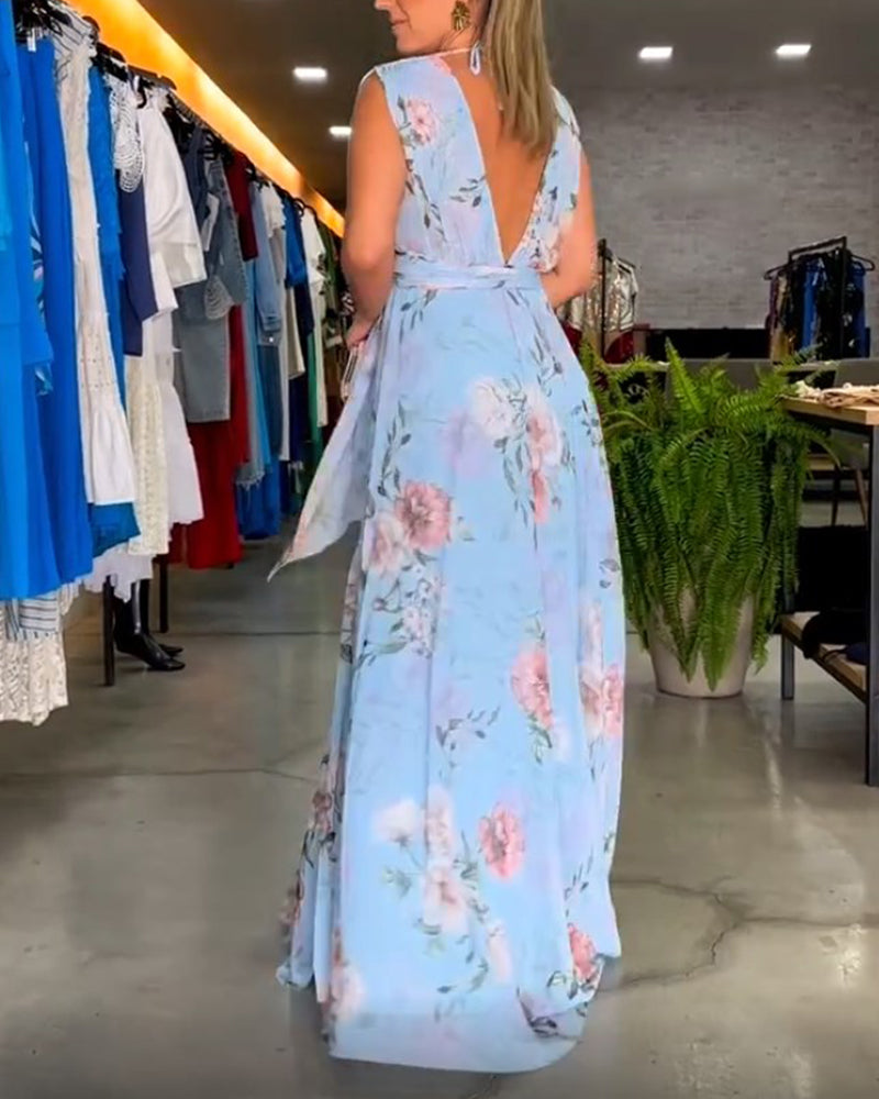 Bauluvio - Florales ärmelloses Kleid mit V-Ausschnitt