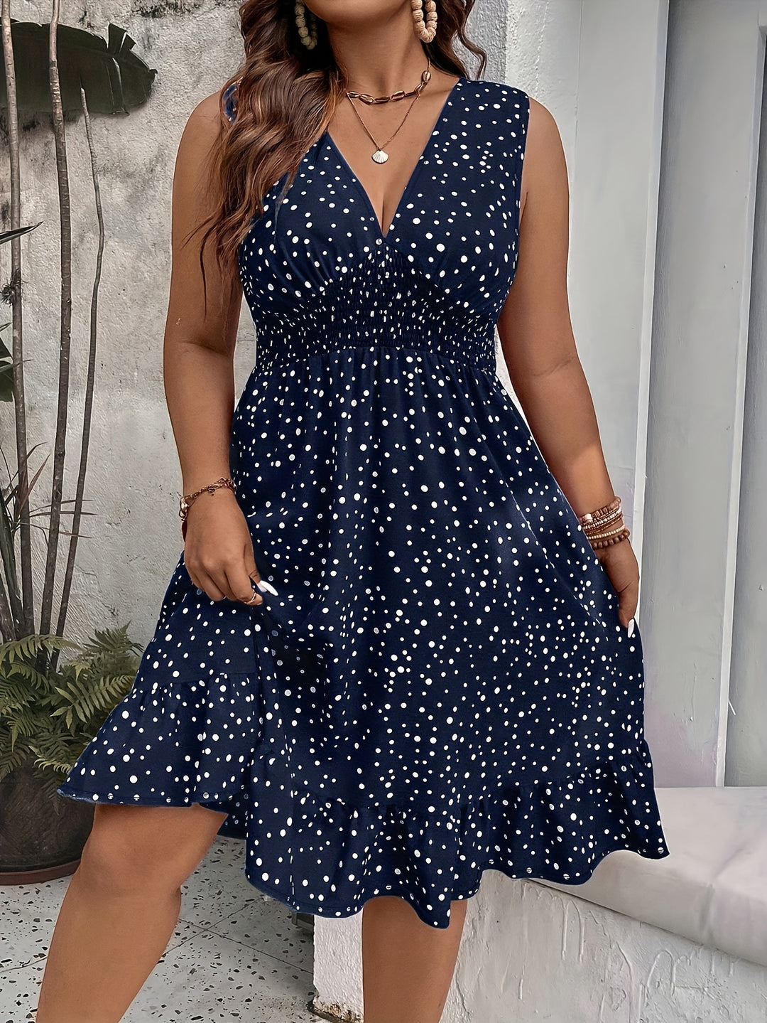 Bauluvio - Plus Size Polka Dot Ruffle Hem Tank Dress