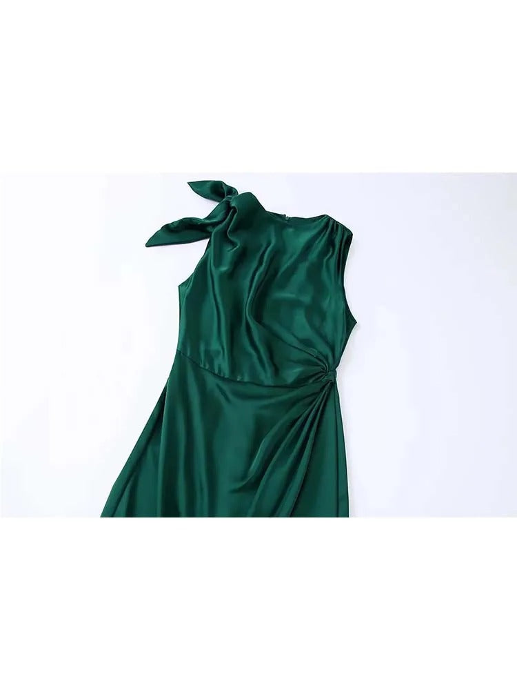 Bauluvio - Grünes Satin-Rüschen-Kleid für Frauen