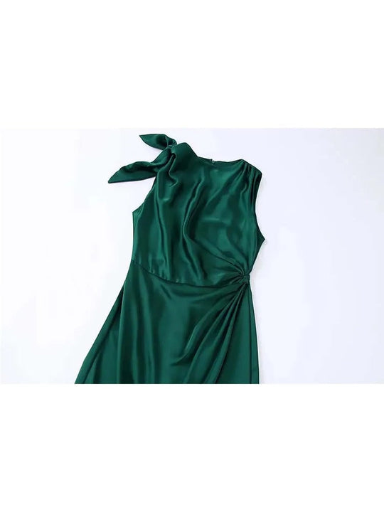 Bauluvio - Grünes Satin-Rüschen-Kleid für Frauen