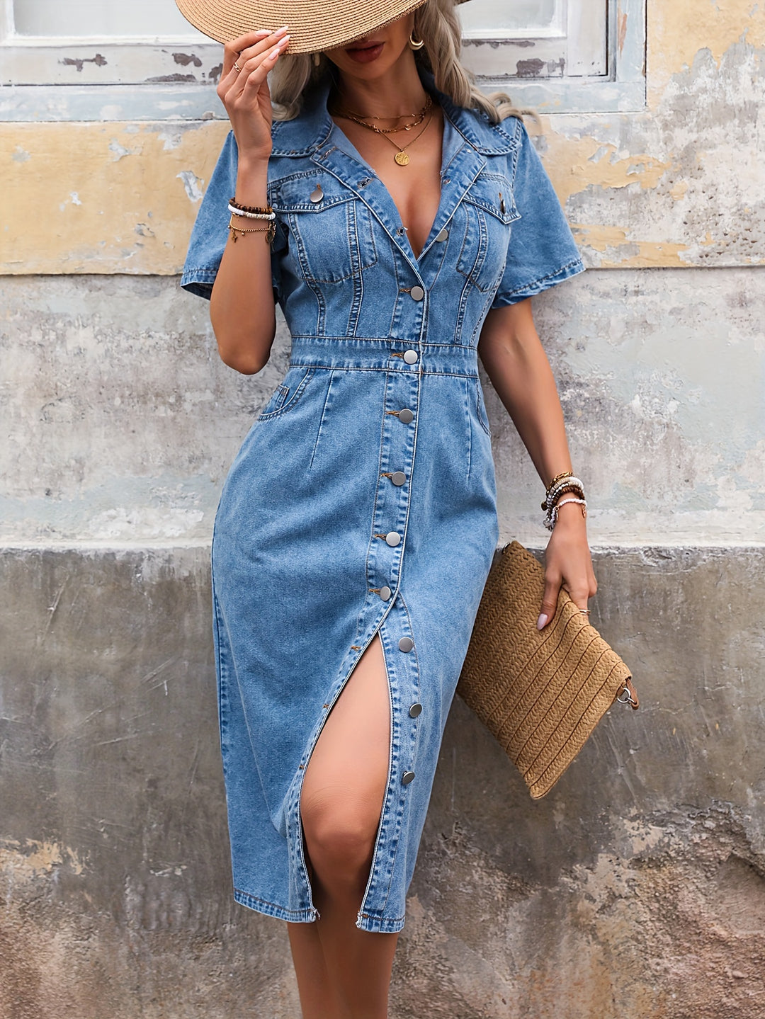 Bauluvio - Mittellanges Denim-Kleid mit Knopf