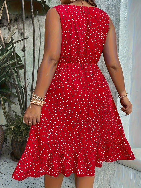 Bauluvio - Plus Size Polka Dot Ruffle Hem Tank Dress