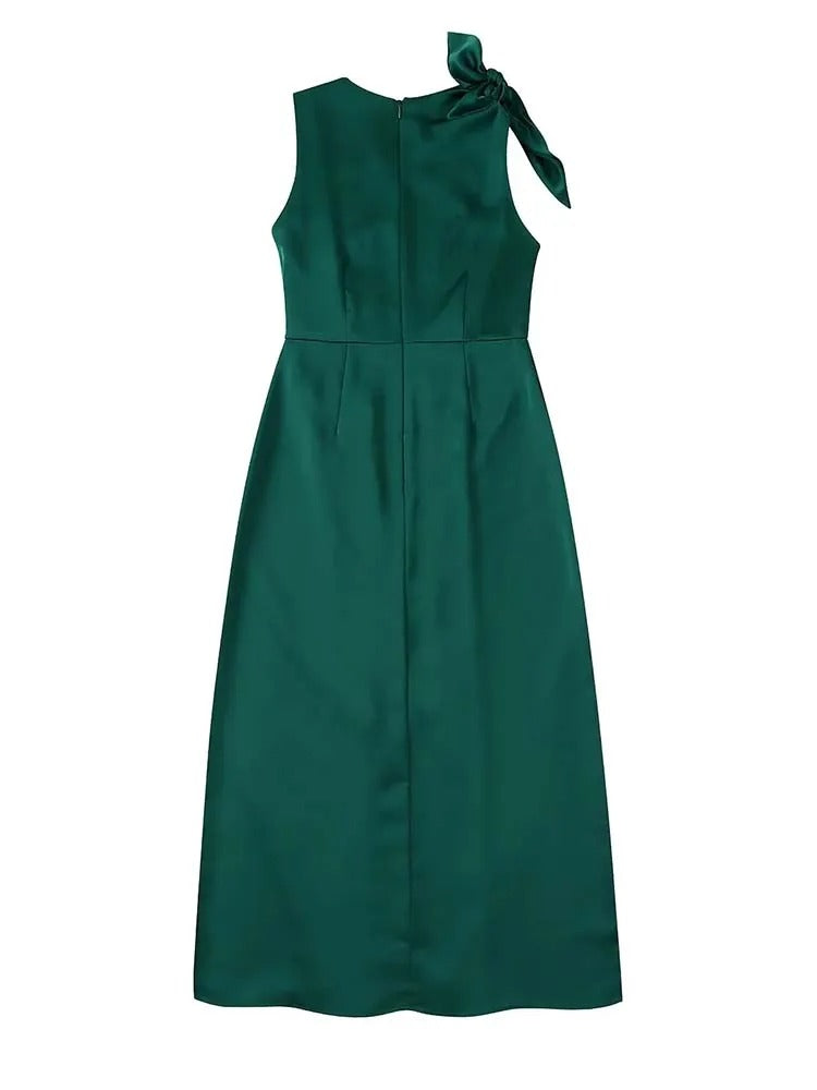 Bauluvio - Grünes Satin-Rüschen-Kleid für Frauen