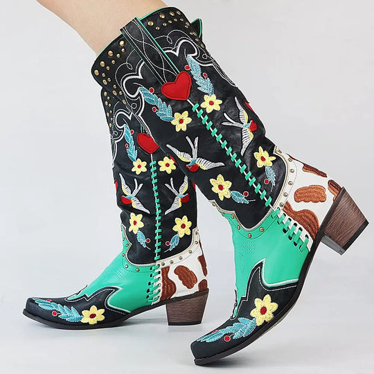 Retro Cowgirl-Stiefel mit Stickerei