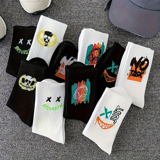 Bauluvio - Herren Trendy Cartoon Graffiti Muster Crew Socken (3/5/10 Paare)