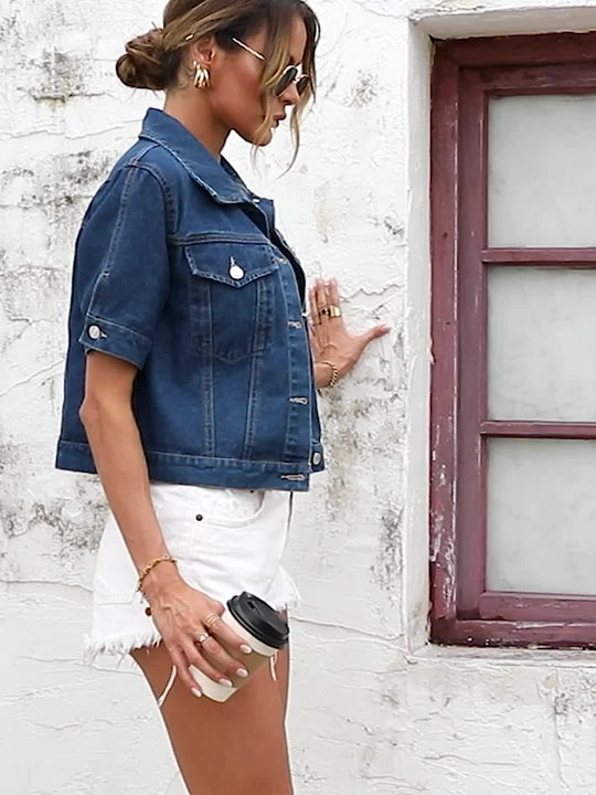 Solid Color Cropped Denim Jacket für Frauen