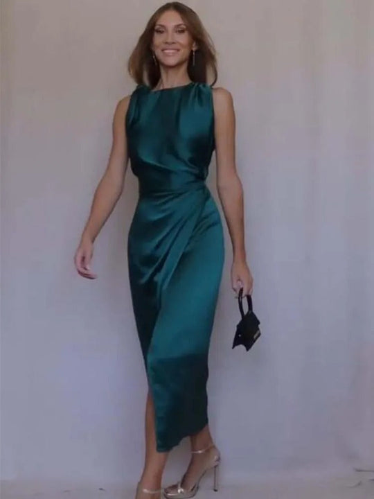 Bauluvio - Grünes Satin-Rüschen-Kleid für Frauen