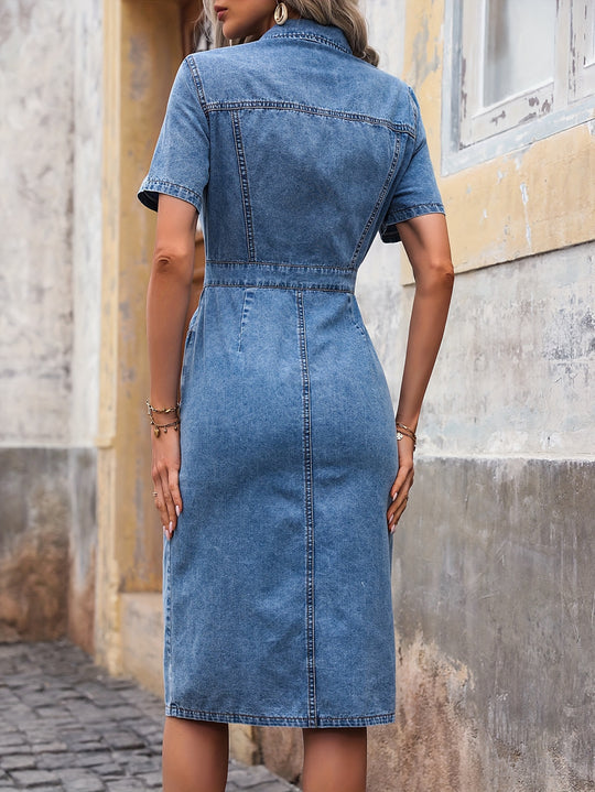 Bauluvio - Lässiges einfarbiges mittellanges Denim-Kleid