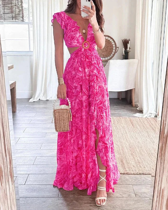 Bauluvio - Florales Maxi Kleid mit geschichteten Rüschen