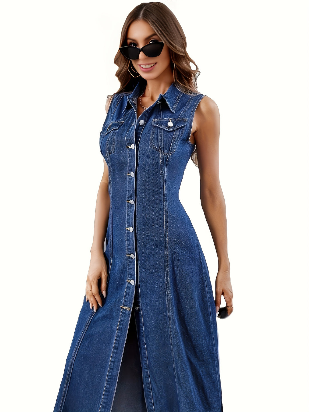 Bauluvio - Ärmelloses einreihiges Revers-Denim-Kleid