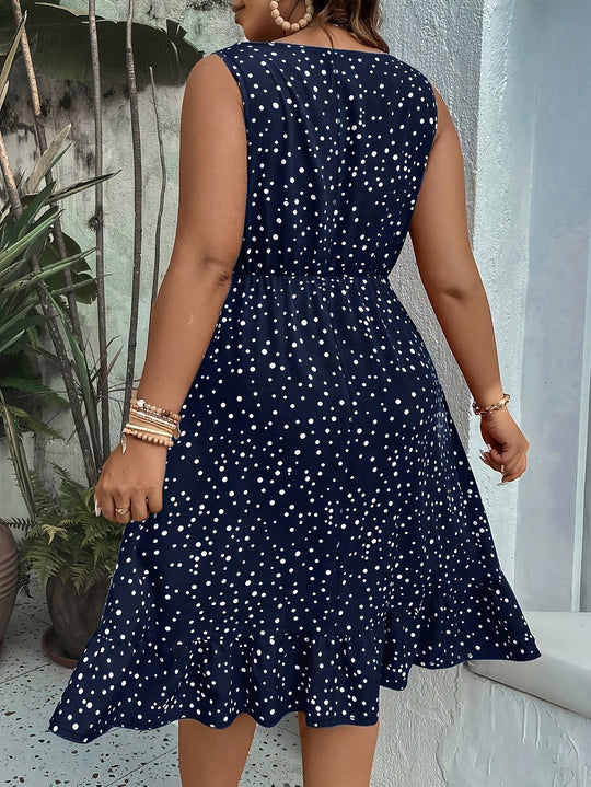 Bauluvio - Plus Size Polka Dot Ruffle Hem Tank Dress