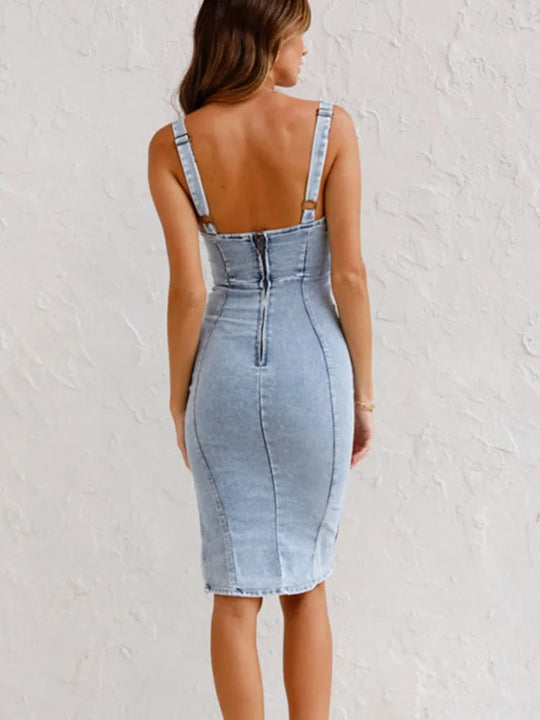 Bauluvio - Damen Denim Kleid mit verstellbaren Trägern