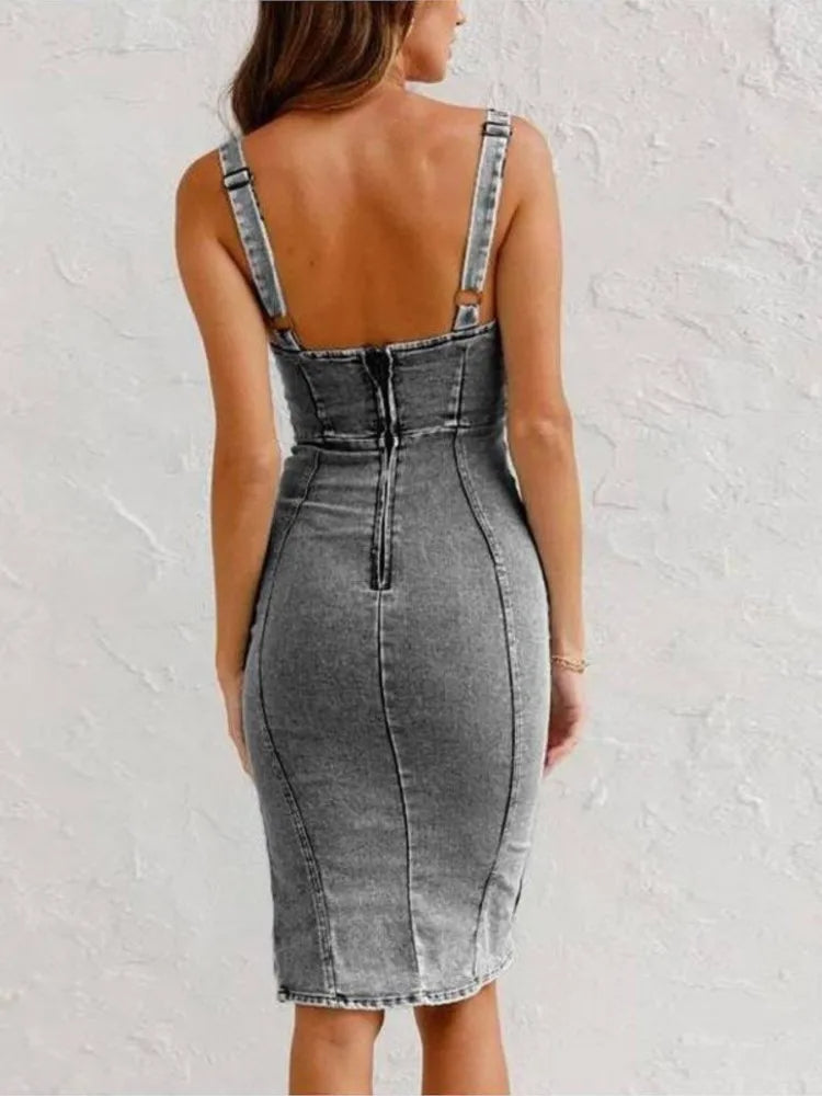 Bauluvio - Damen Denim Kleid mit verstellbaren Trägern